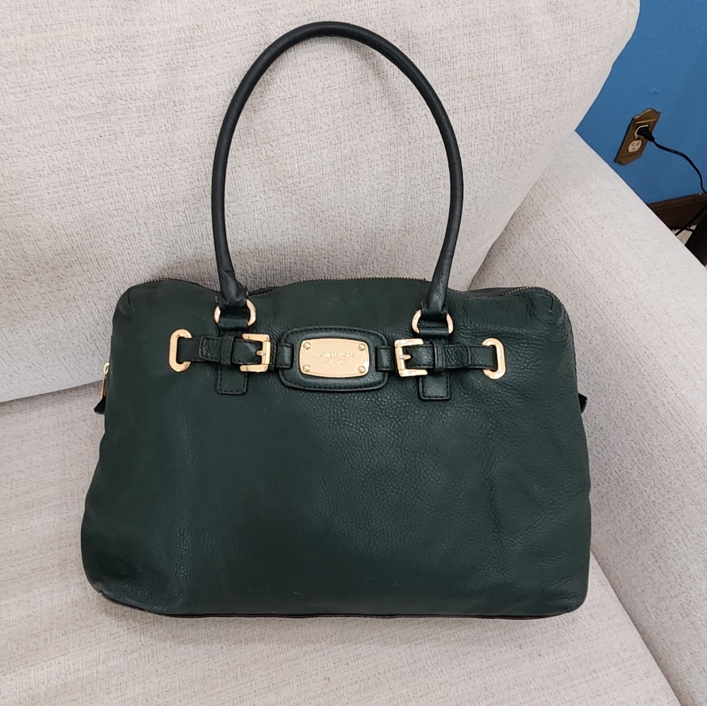 Michael Kors Dark Green Leather Tote with Gold Hardware